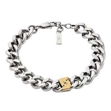 Ανδρικό βραχιόλι Emporio Armani EGS3186040 από ανοξείδωτο ατσάλι σε ασημί χρώμα με κούμπωμα σε χρυσό χρώμα και σχέδιο αλυσίδας.